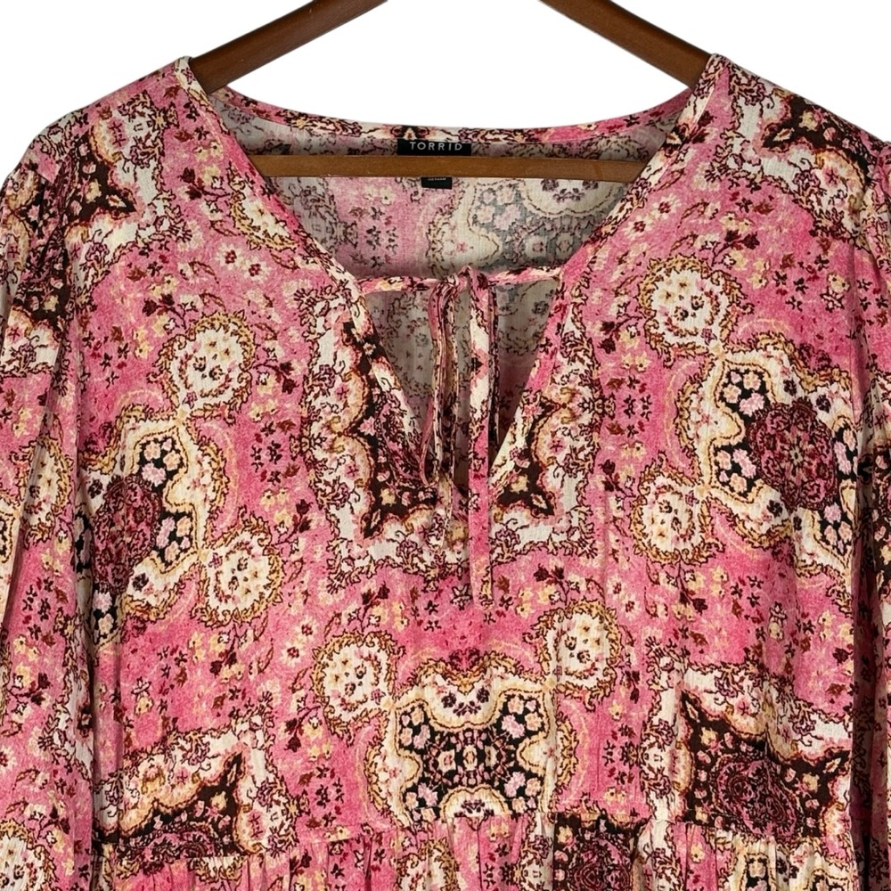 TORRID Gauze Tunic Skater Dress Size 2X 18/20 Medallion Pink 3/4 Blouson Sleeves - Picture 4 of 12